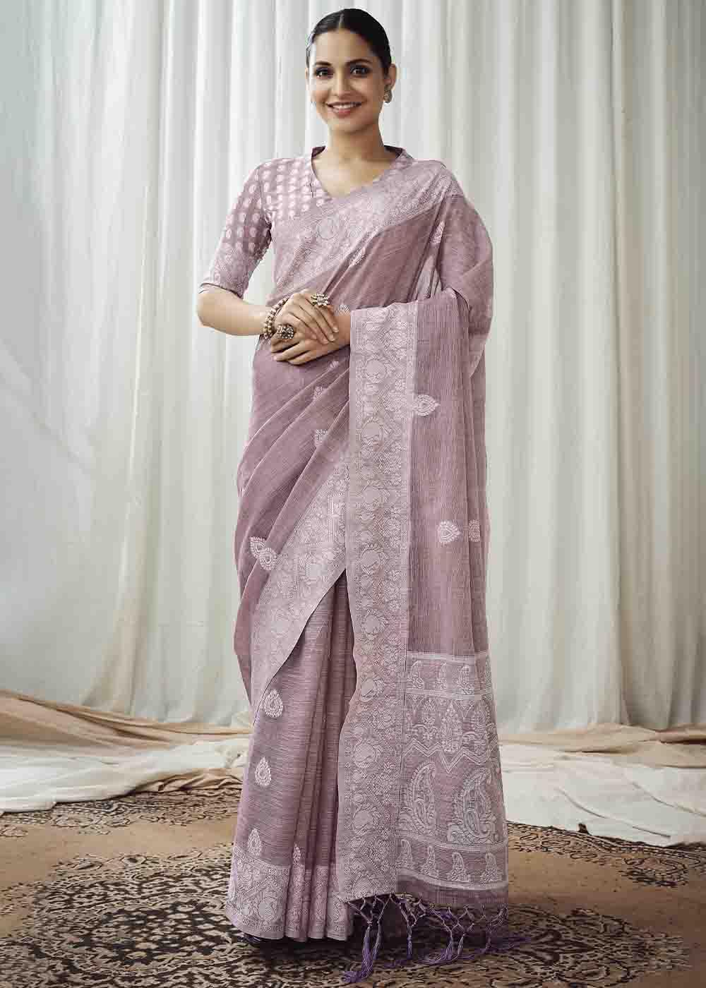 Dusty Purple Chikankari Linen Saree