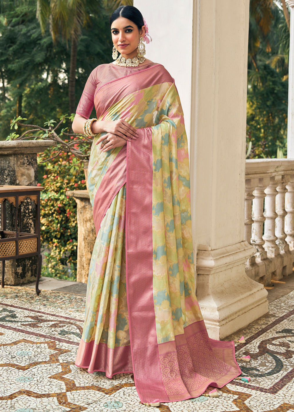 Tacha Yellowish Woven Organza Banarasi Silk Saree