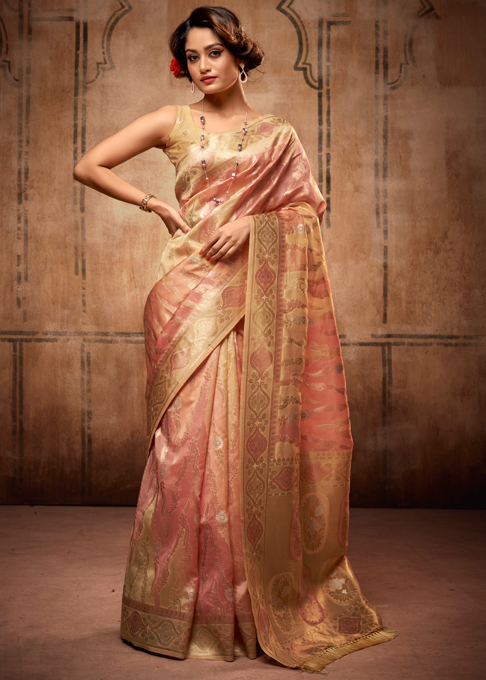 Flesh Peach Zari Woven Banarasi Organza Saree