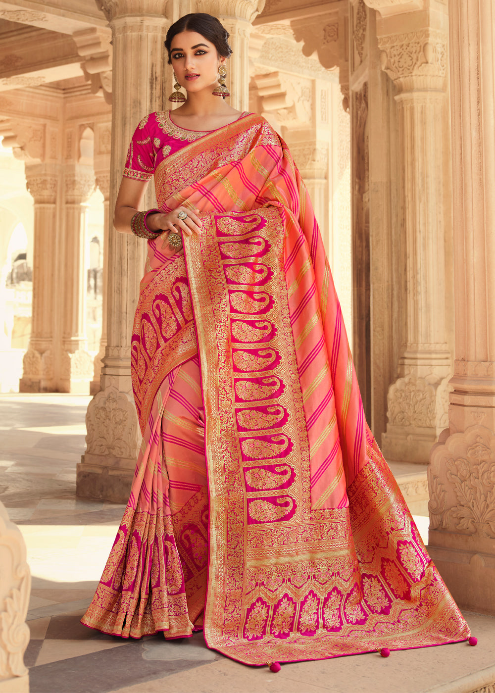 Salmon Pink and Orange Zari Woven Striped Banarasi Saree with Designer Blouse