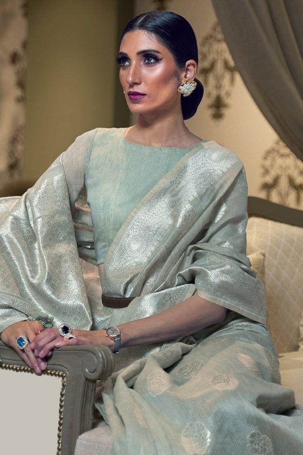 Brook Grey Zari Woven Linen Saree