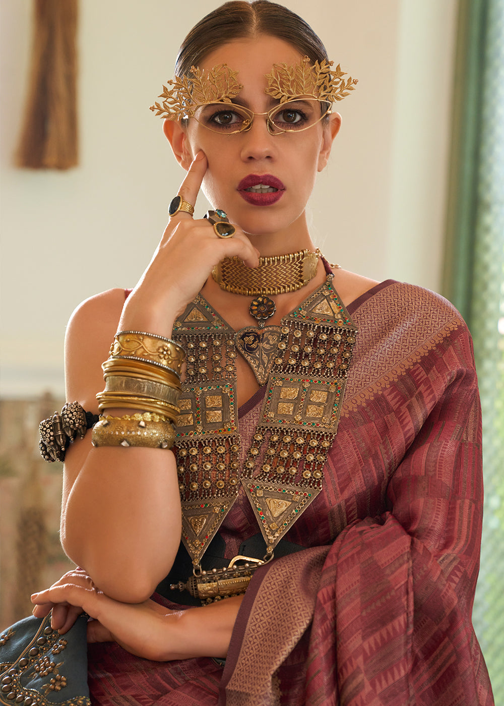 Sanguine Brown Handloom Organza Silk Saree by bollywood actress Kalki Koechlin