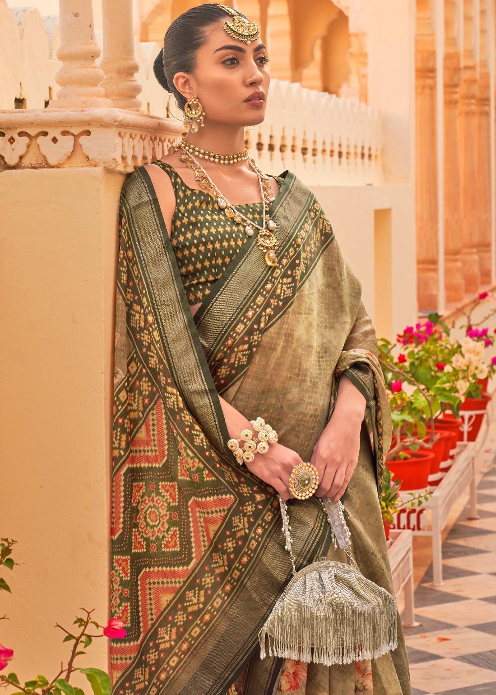 Deco Green Printed Chiffon Patola Silk Saree