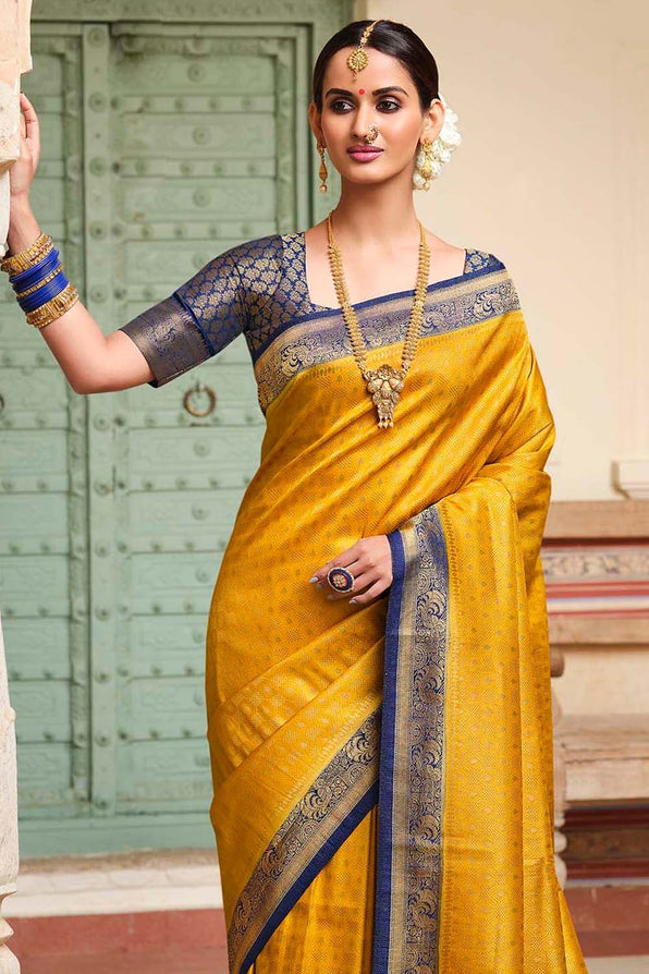 Bush Yellow and Blue Zari Woven Kanjivaram Saree