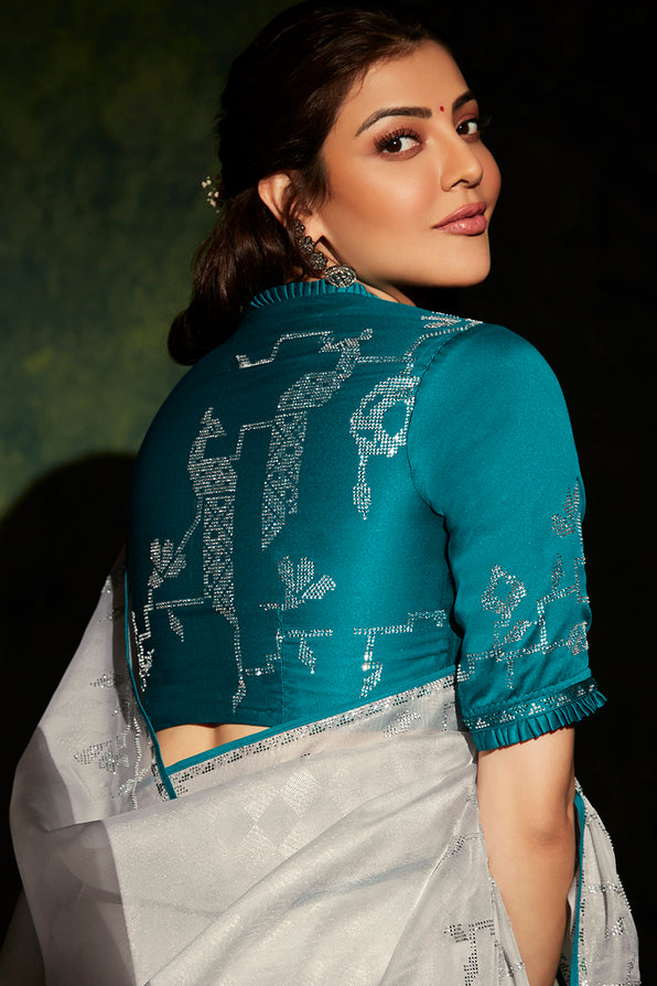 Ash Grey and Blue South Silk Saree