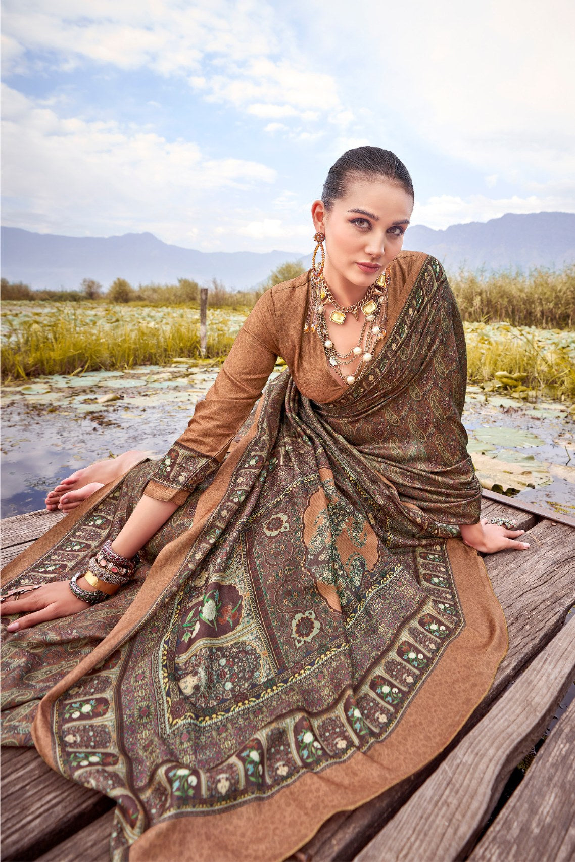 Mongoose Green and Brown Printed Pashmina Silk Saree