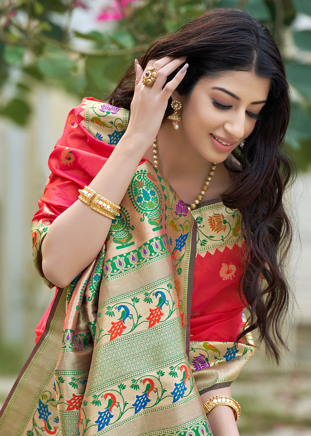 Persian Red and Green Zari Woven Banarasi Paithani Saree