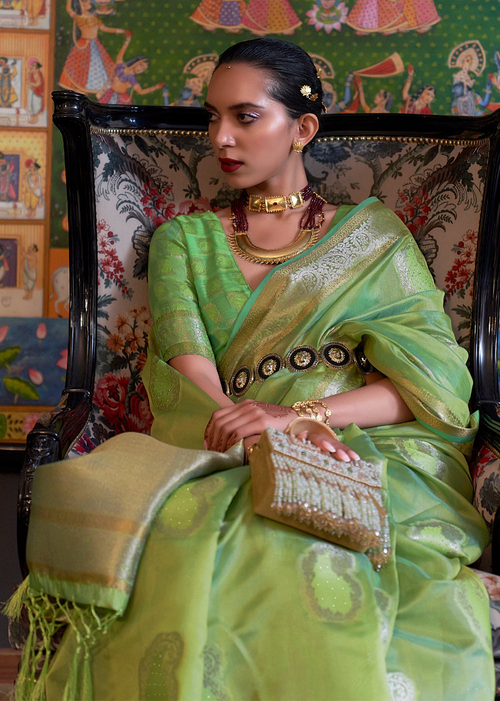 Pista Green Woven Banarasi Organza Silk Saree