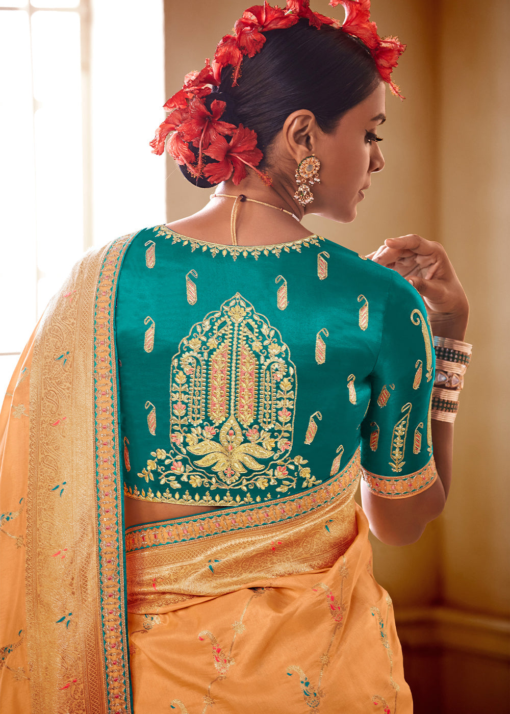 Sandy Orange and Green Banarasi Saree with Designer Blouse