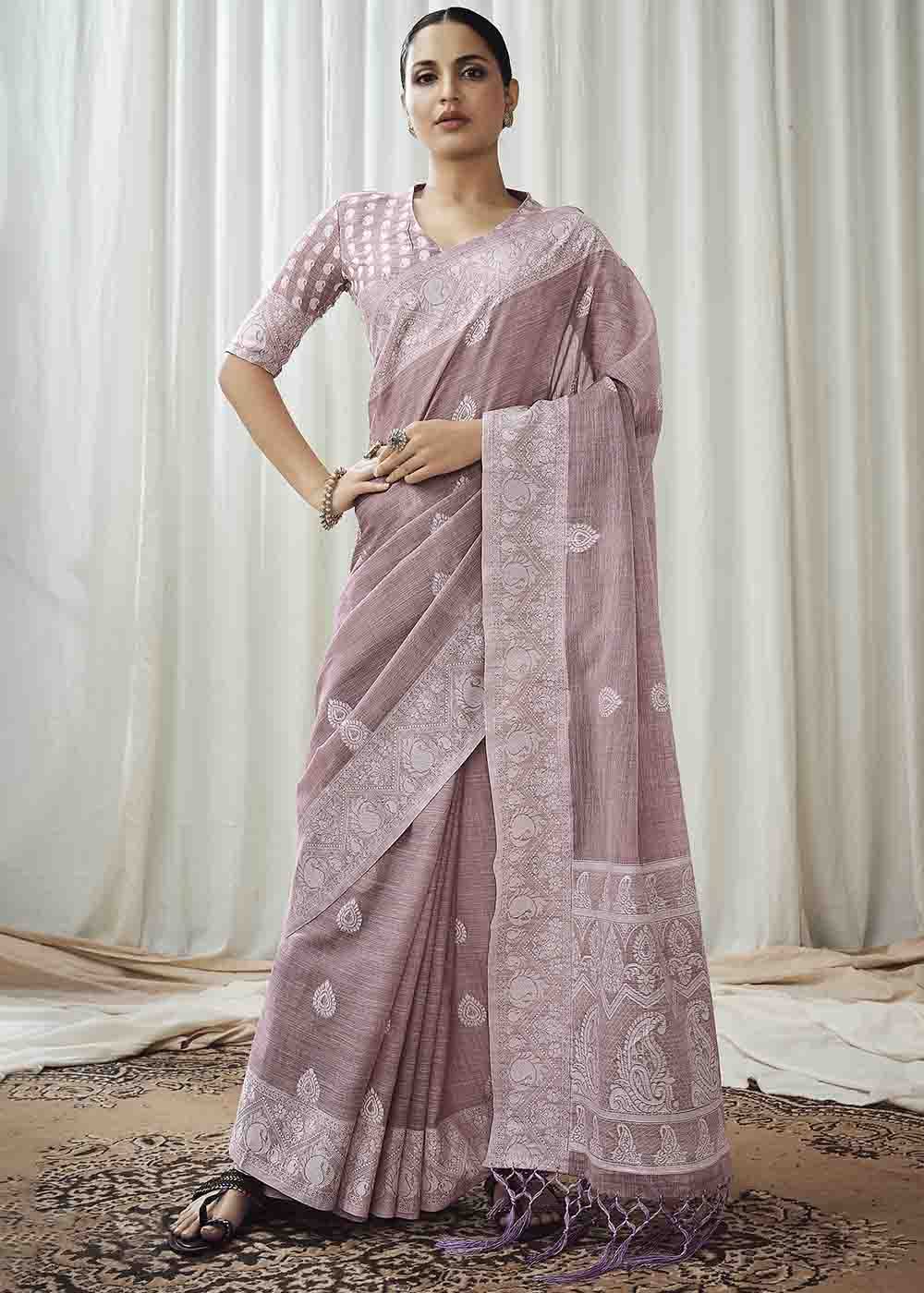 Dusty Purple Chikankari Linen Saree