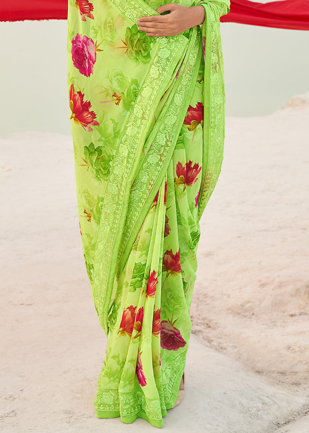 Conifer Green Digital Printed Chiffon Saree