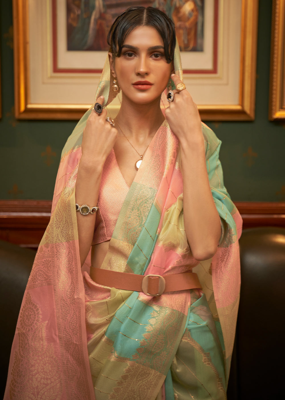 Apricot Pink and Blue Zari Woven Banarasi Organza Saree