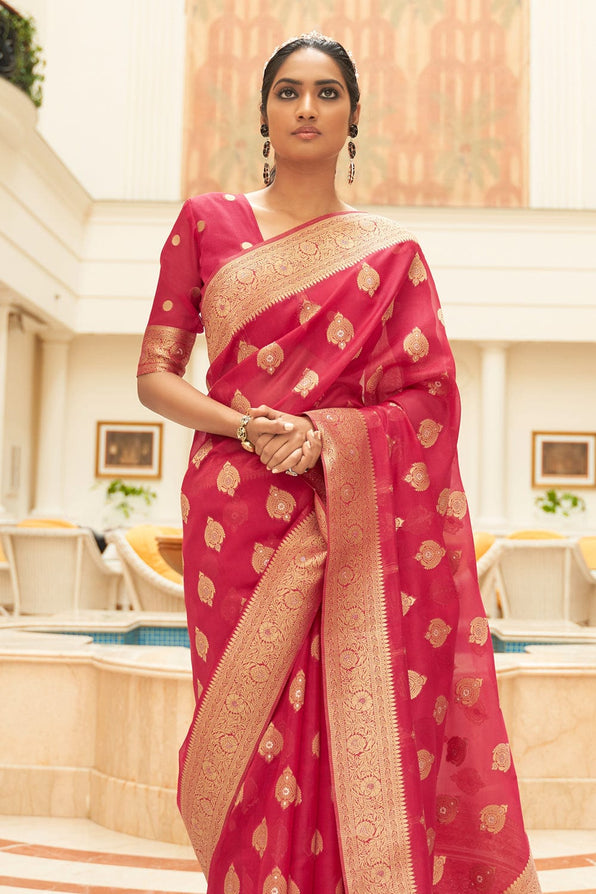 Chestnut Red Zari Woven Organza Silk Saree