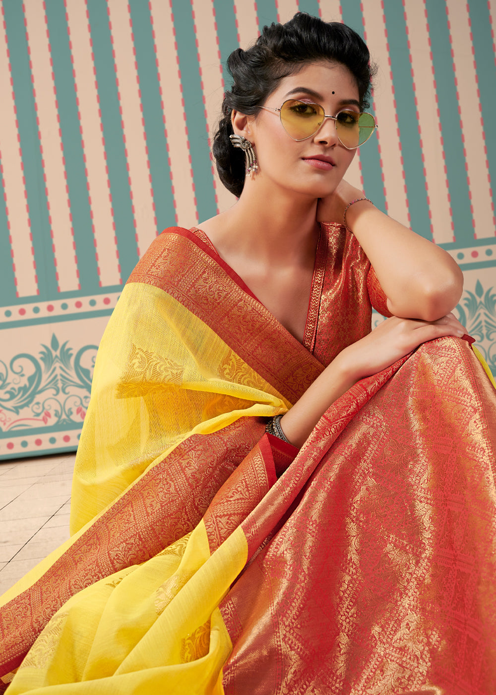 Ronchi Yellow Zari Woven Banarasi Brocade Linen Saree