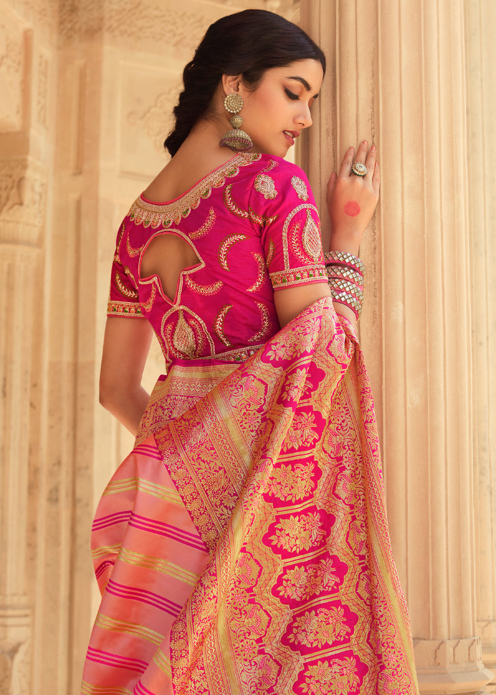 Salmon Pink and Orange Zari Woven Striped Banarasi Saree with Designer Blouse