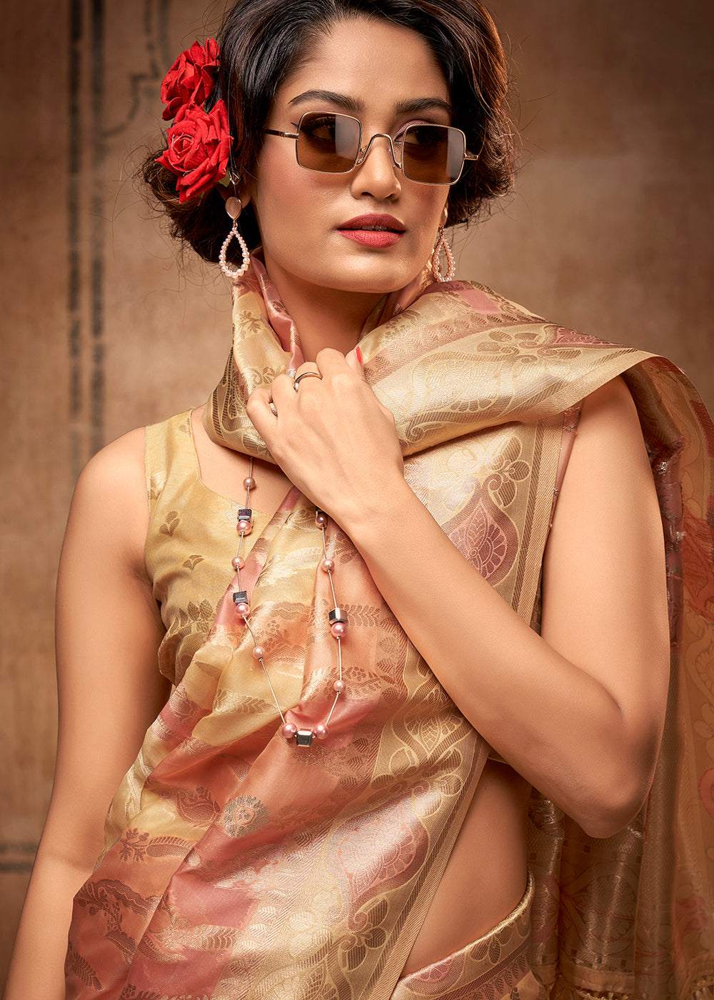 Flesh Peach Zari Woven Banarasi Organza Saree