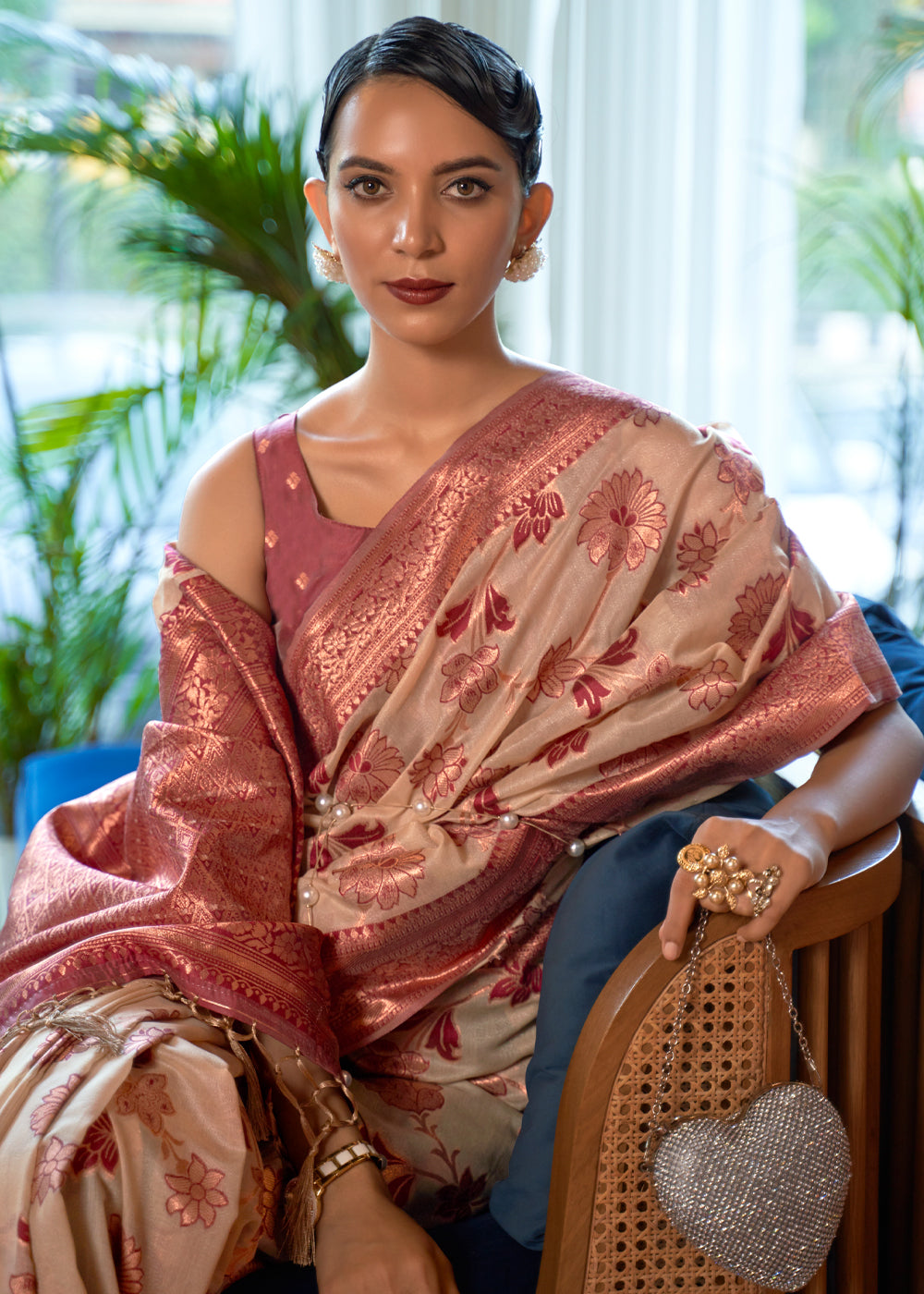 Brandy Cream and Brown Bronze Zari Organza Woven Silk Saree