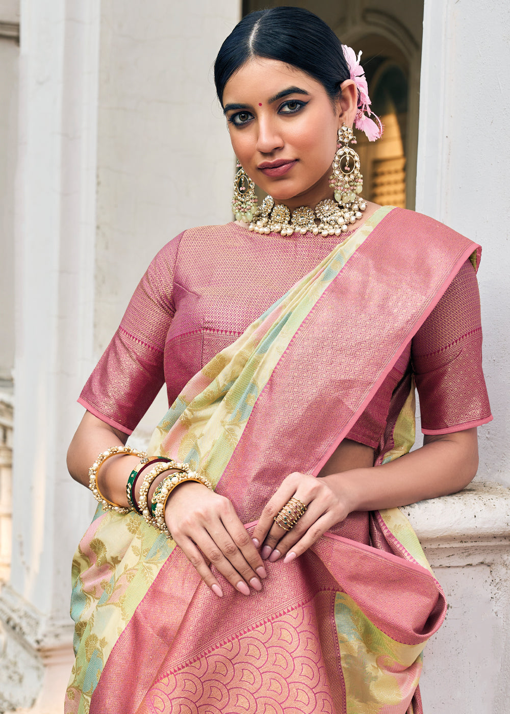 Tacha Yellowish Woven Organza Banarasi Silk Saree