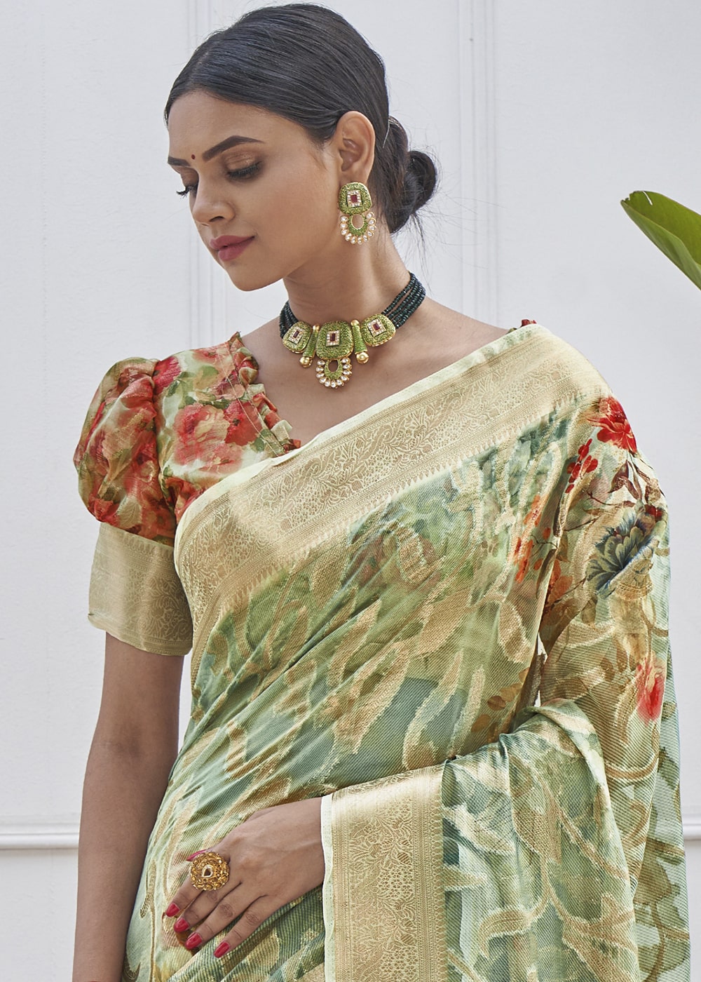 Hillary Green Digital Printed Organza Silk Saree