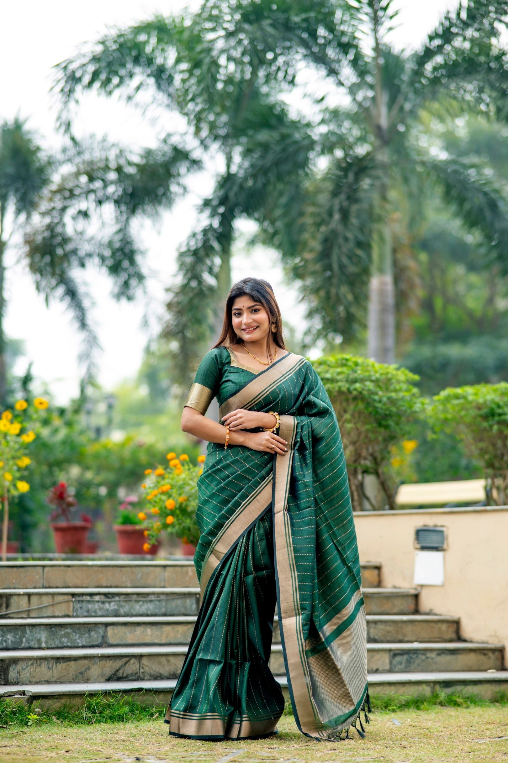 Jade Dark Green Woven Raw Silk Saree