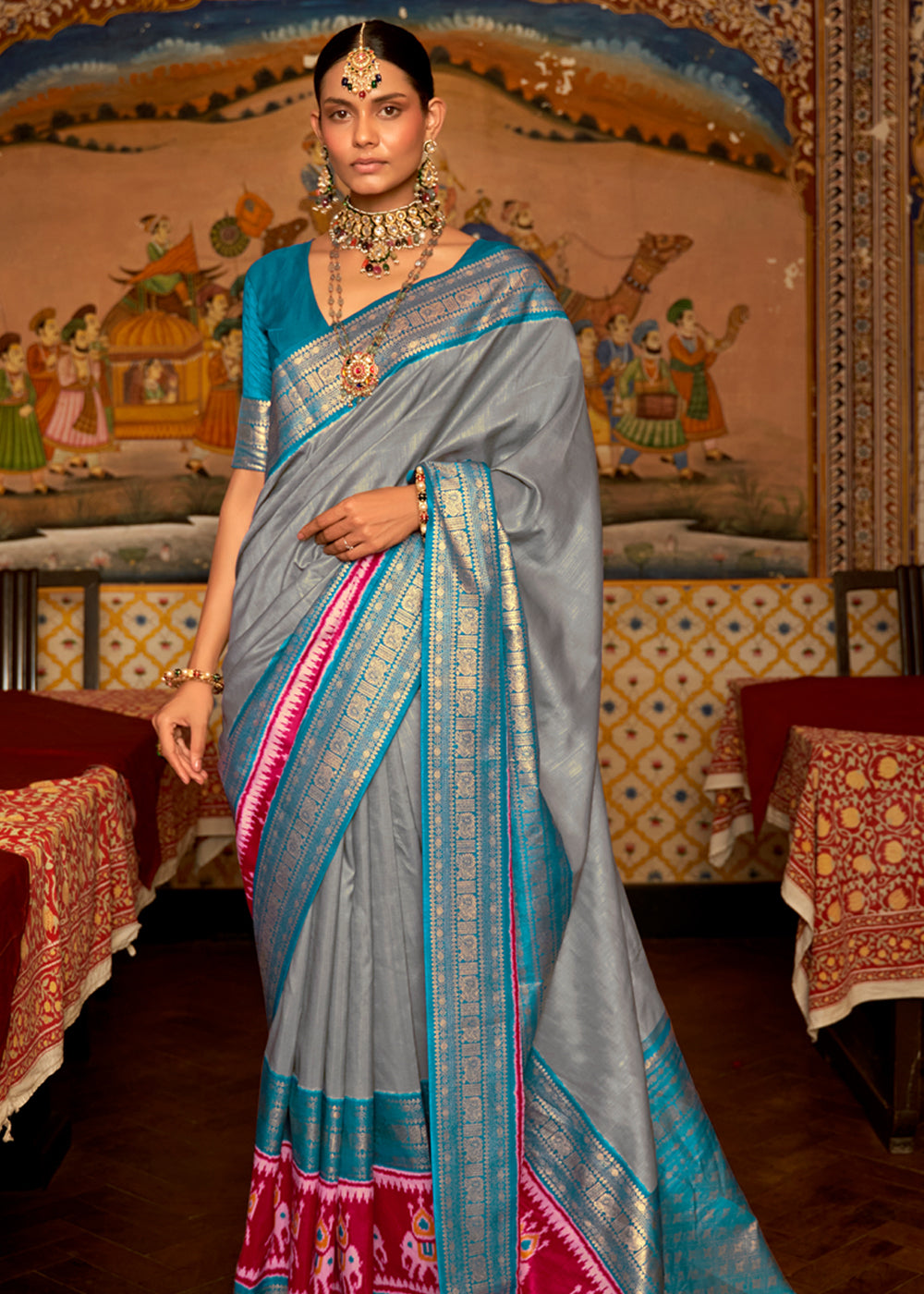 Natural Grey and Blue Banarasi Patola Saree