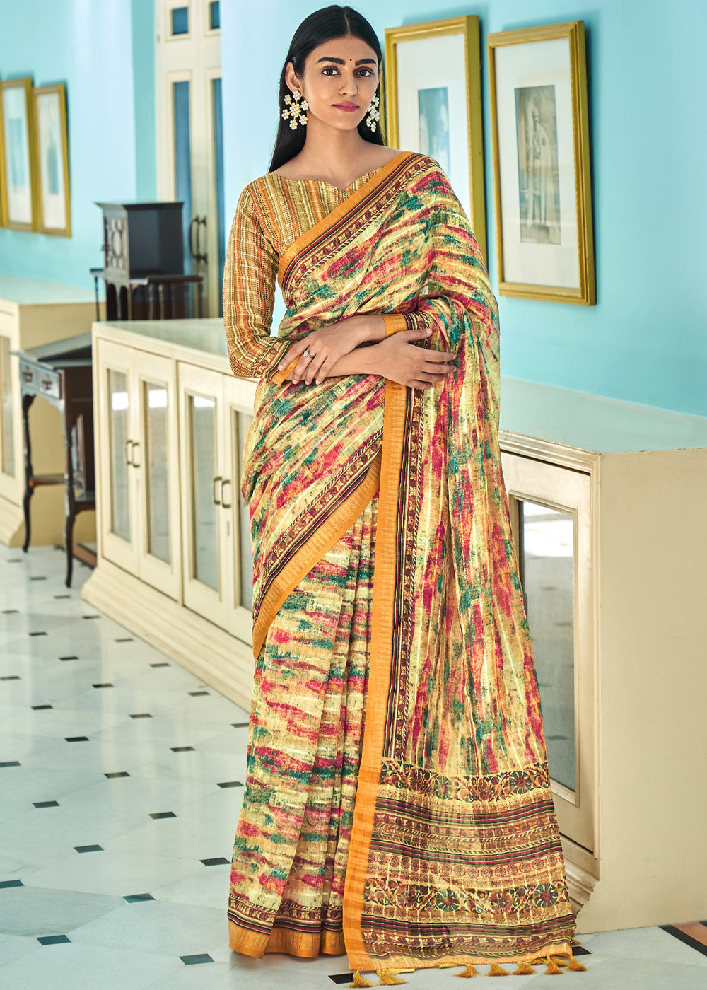 Harvest Yellow Printed Linen Saree