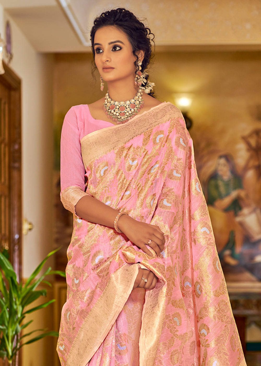 Rose Bud Pink Zari Woven Banarasi Linen Saree