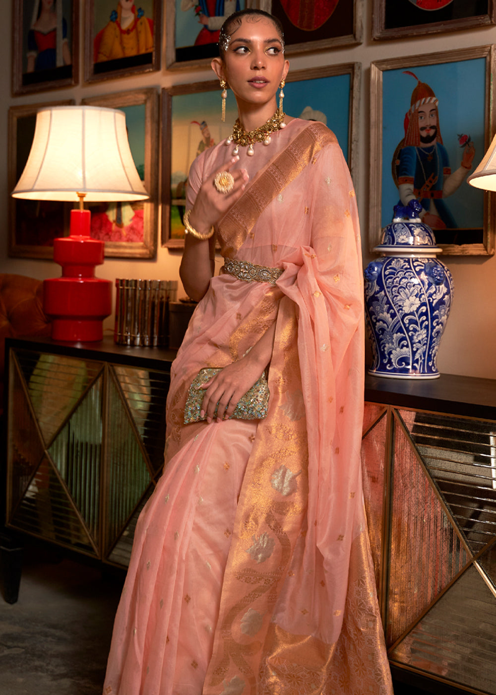 Burning Peach Zari Woven Banarasi Organza Saree