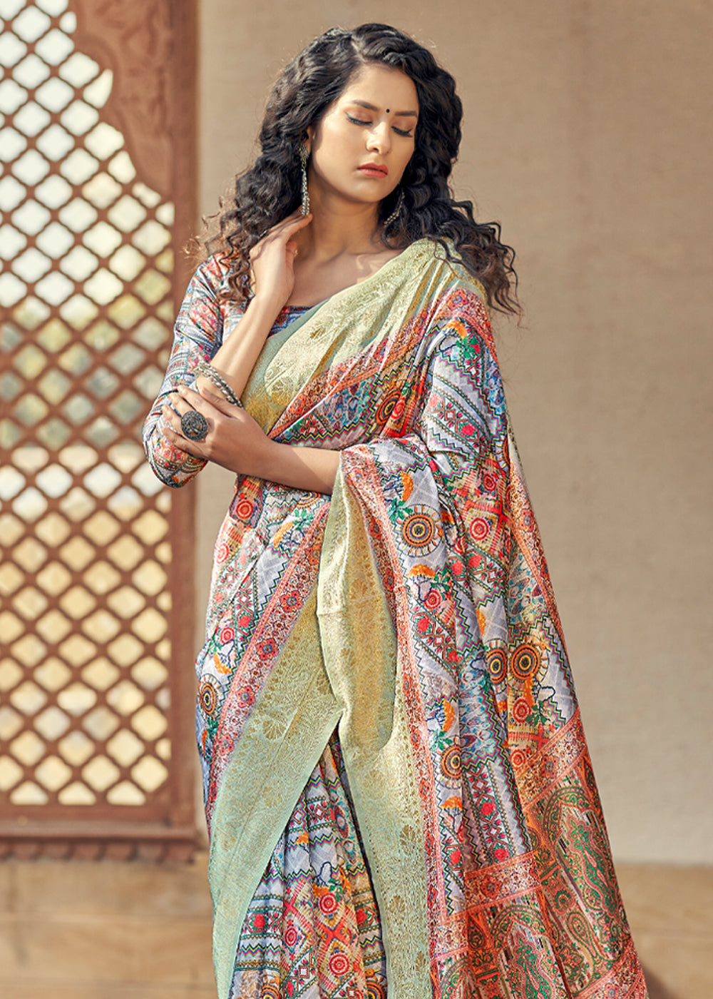 Santas Grey Multicolored Digital Printed Jacquard Silk Saree