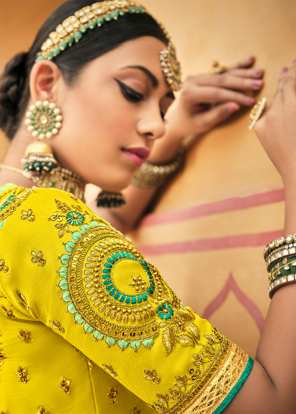 Pine Yellow and Blue Heavy Embroidered Lehenga