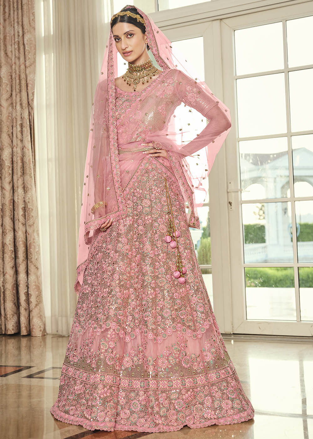 Sundown Pink Net Designer Lehenga With Heavy Embroidered Work