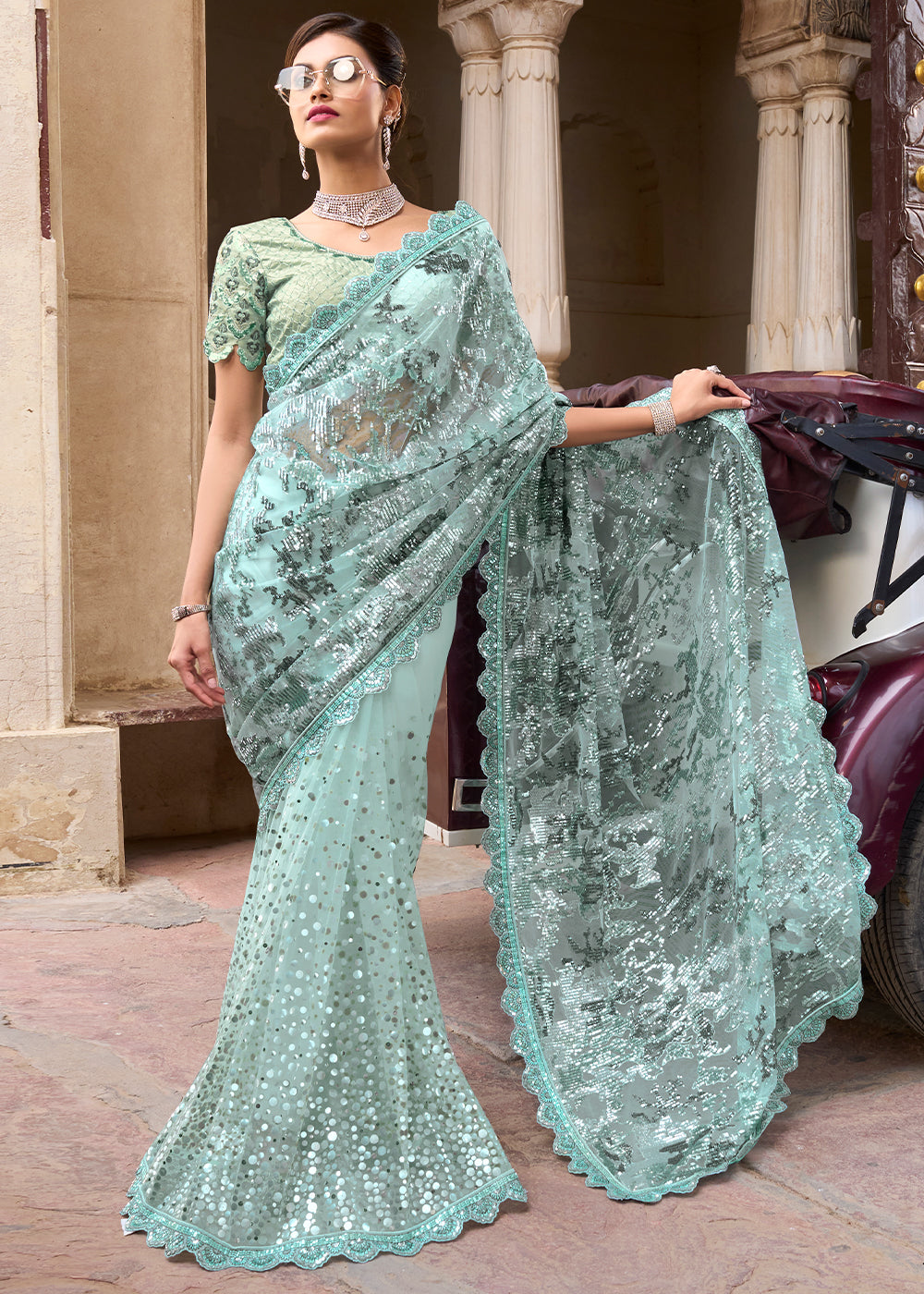 Cascade Blue Designer Silk Saree