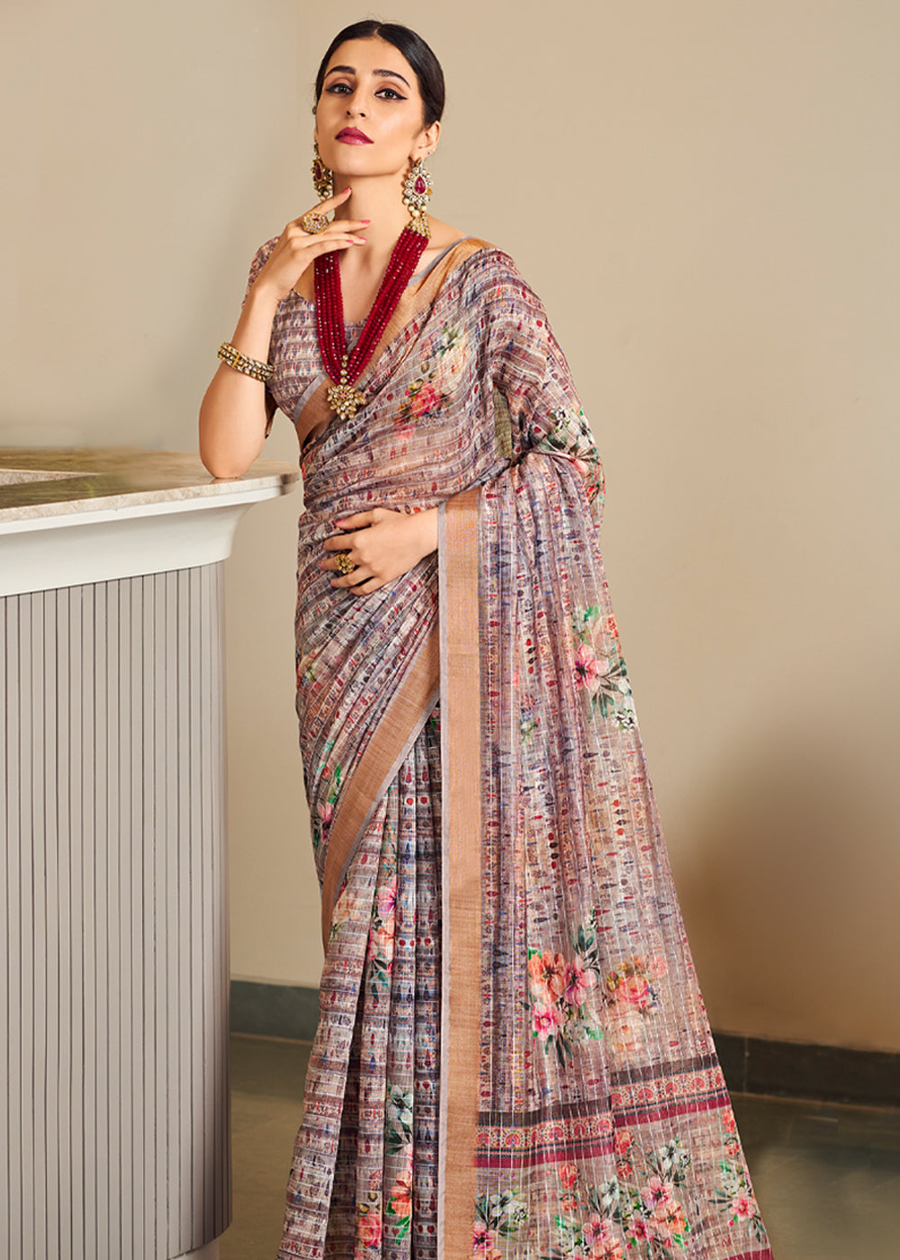 Del Rio Lavender Linen Saree with Digital Print