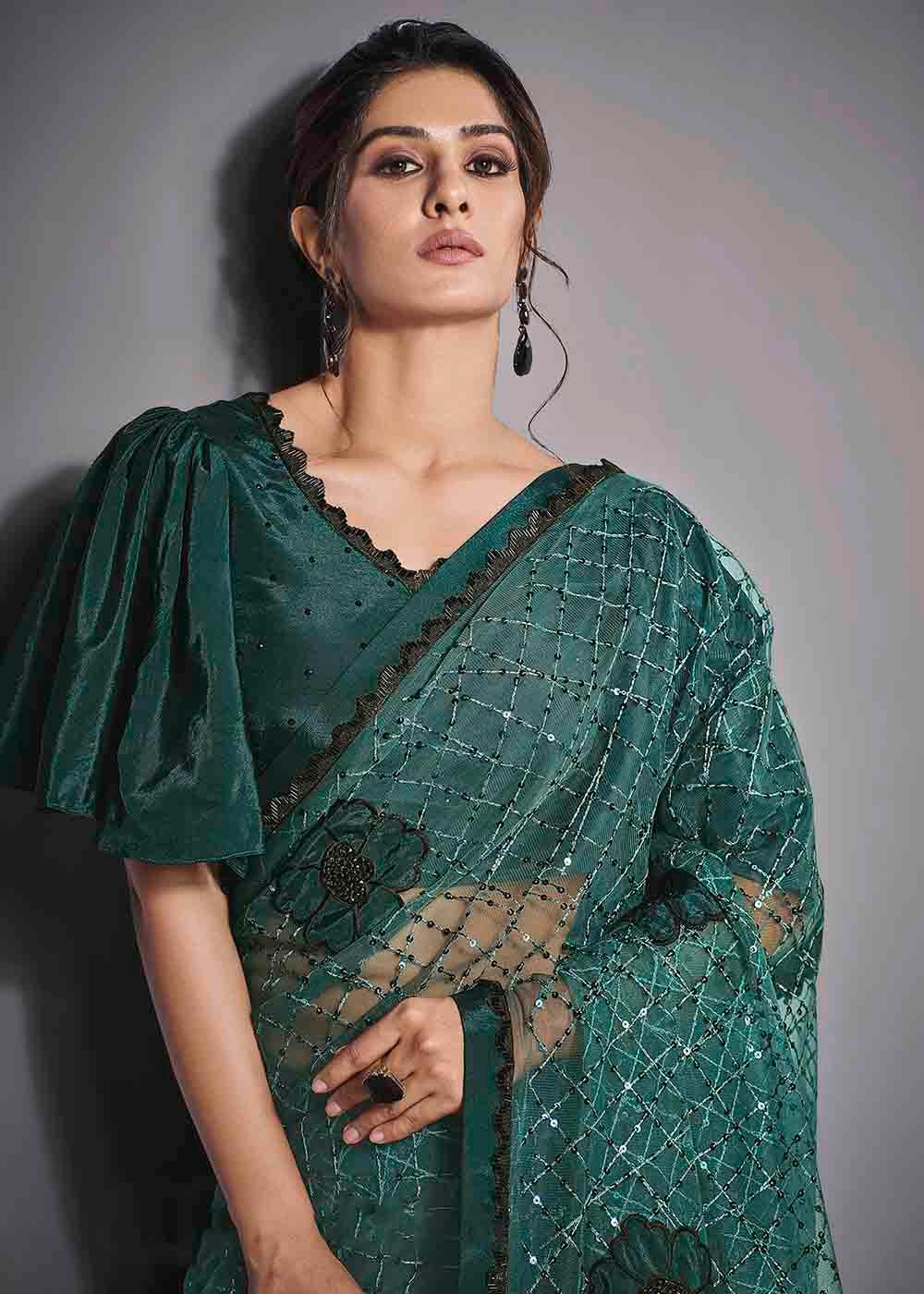 Steel Teal Green Designer Lycra Saree with Embroidery Work