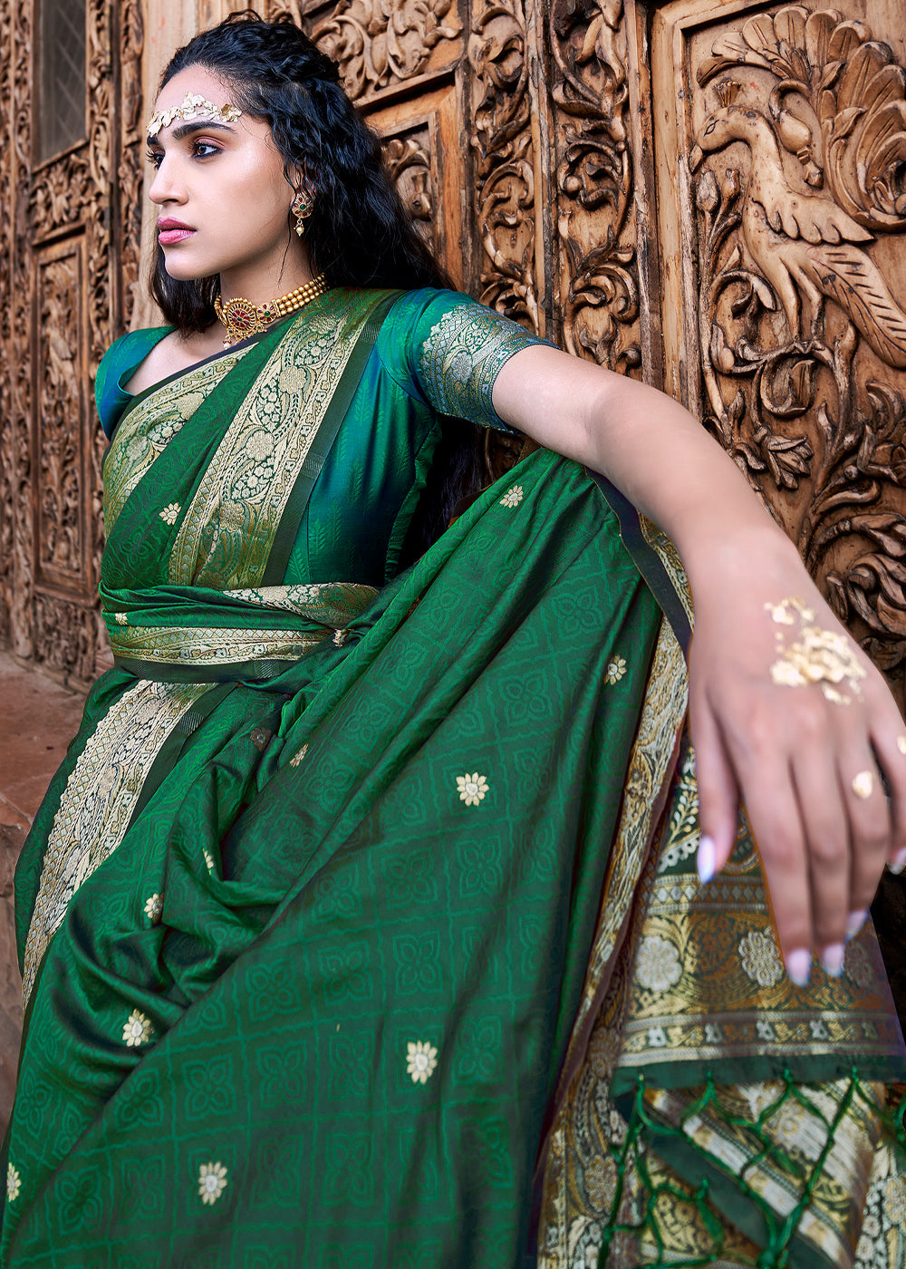 Emerald Green Woven Banarasi Satin Silk Saree