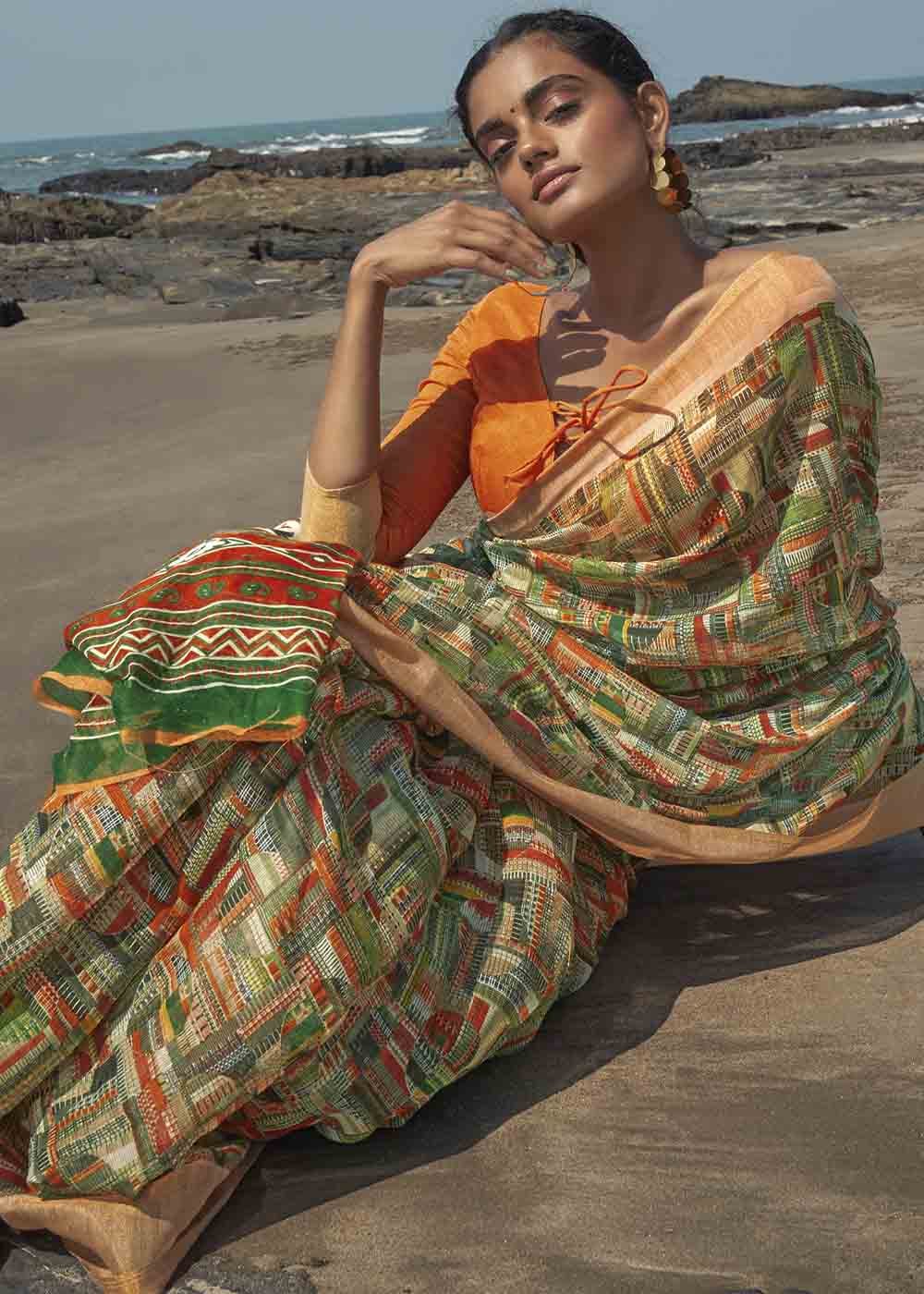 Green Smoke and Orange Printed Cotton Saree