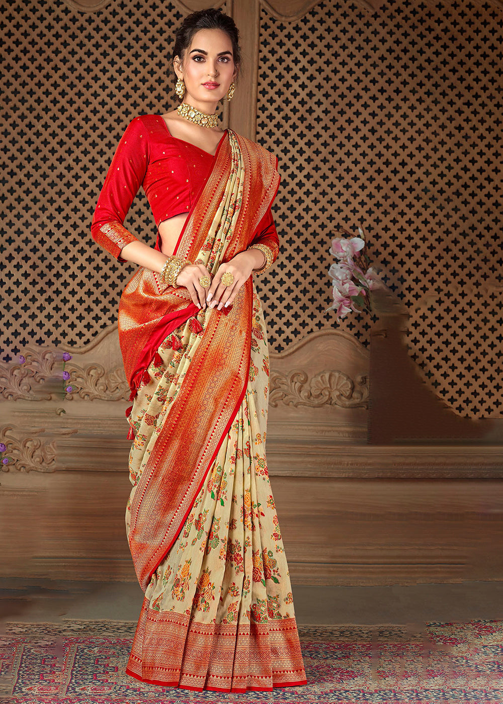 Gold Sand Cream and Red Zari Woven Banarasi Saree