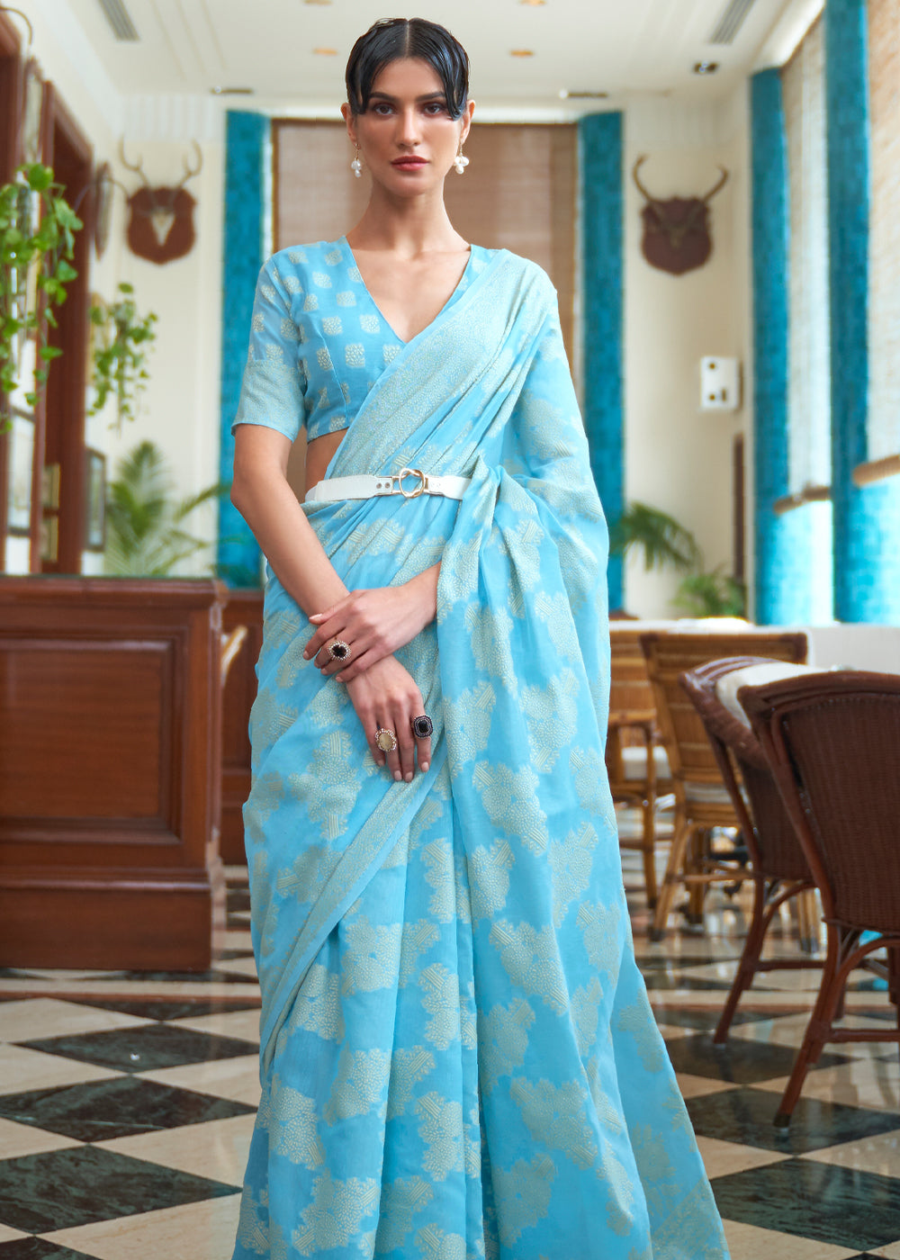 Aqua Blue Lucknowi Chikankari Woven Saree