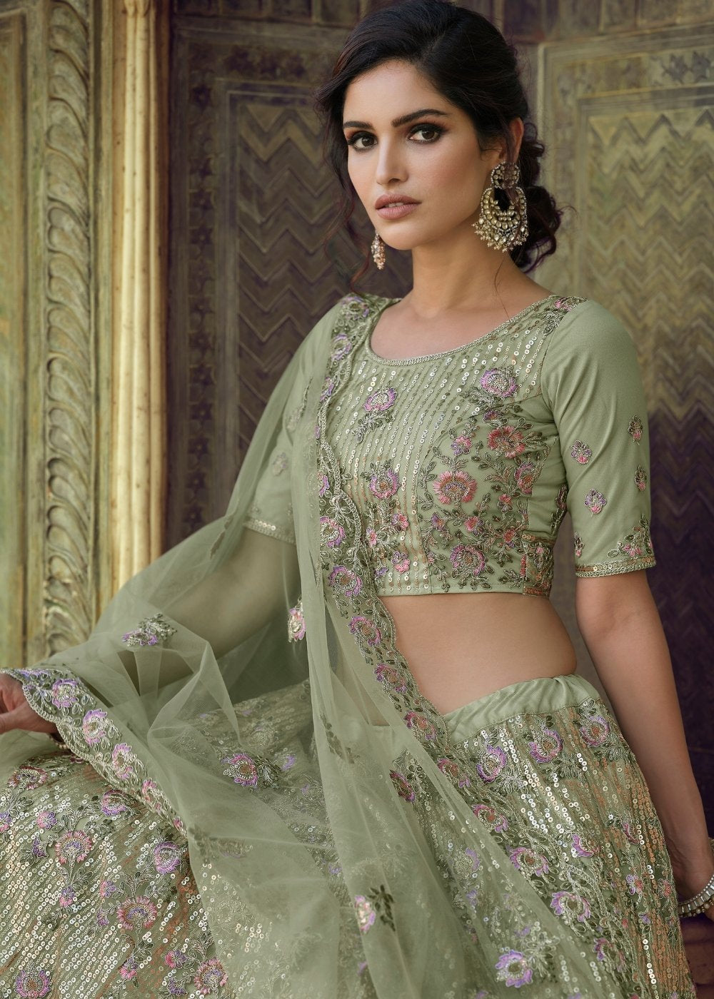 Hillary Green Soft Net Designer Lehenga Choli