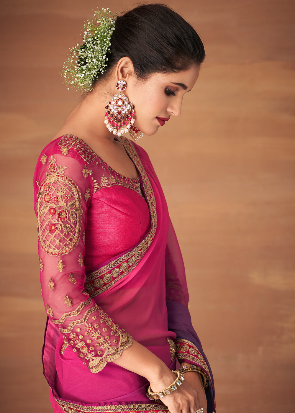 Plum Pink and Purple Designer Saree with Embroidered Blouse