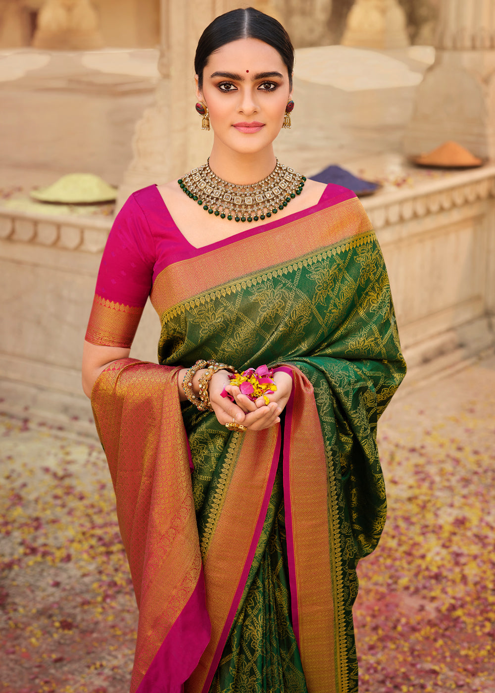 Thatch Green & Pink Zari Woven Kanjivaram Saree