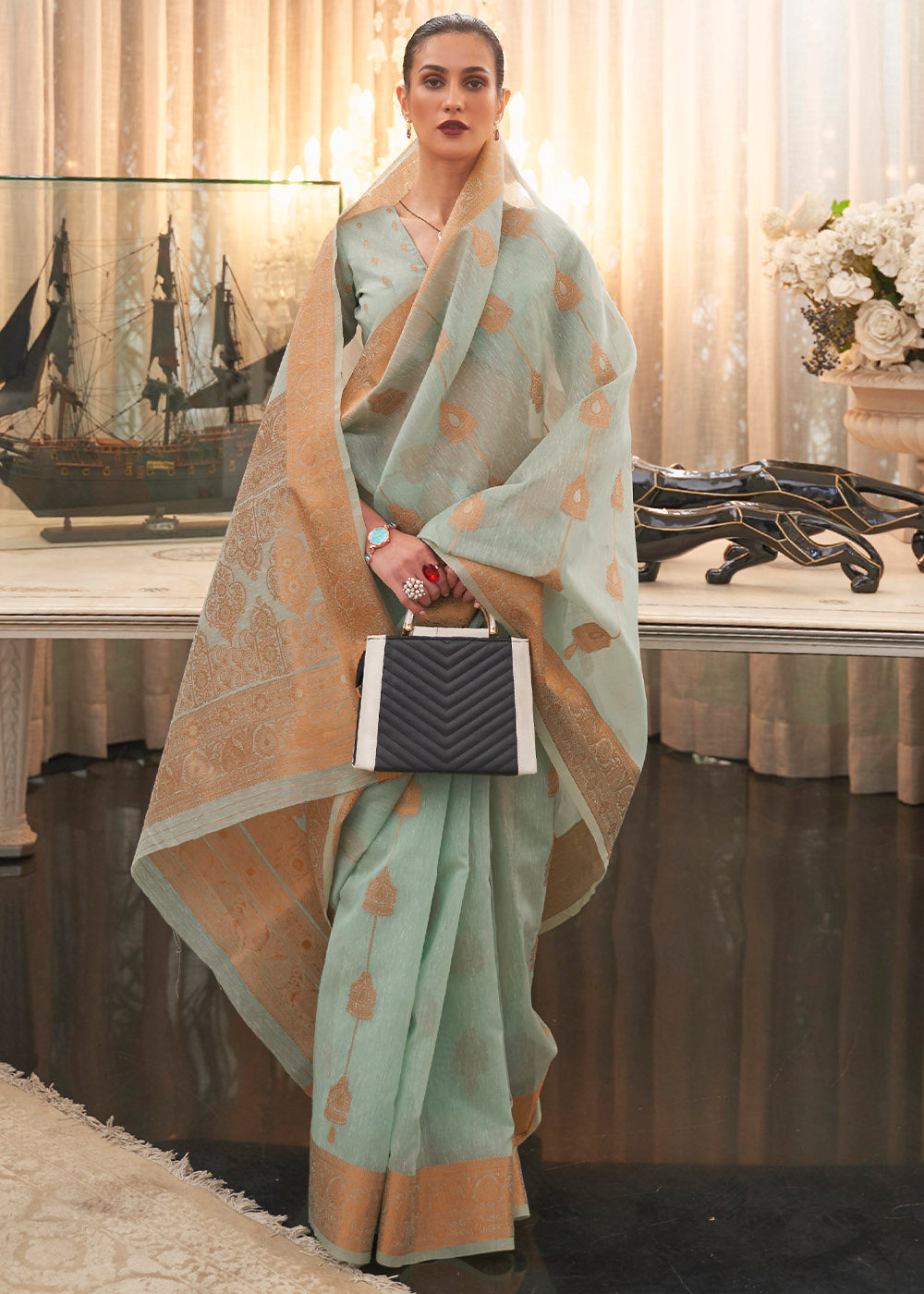 Clay Ash Green Zari Woven Linen Saree