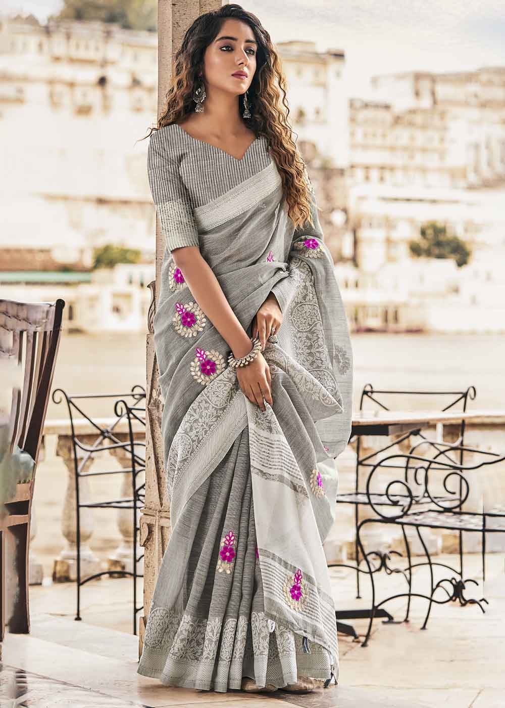 Zorba Grey Zari Woven Soft Linen Silk Saree