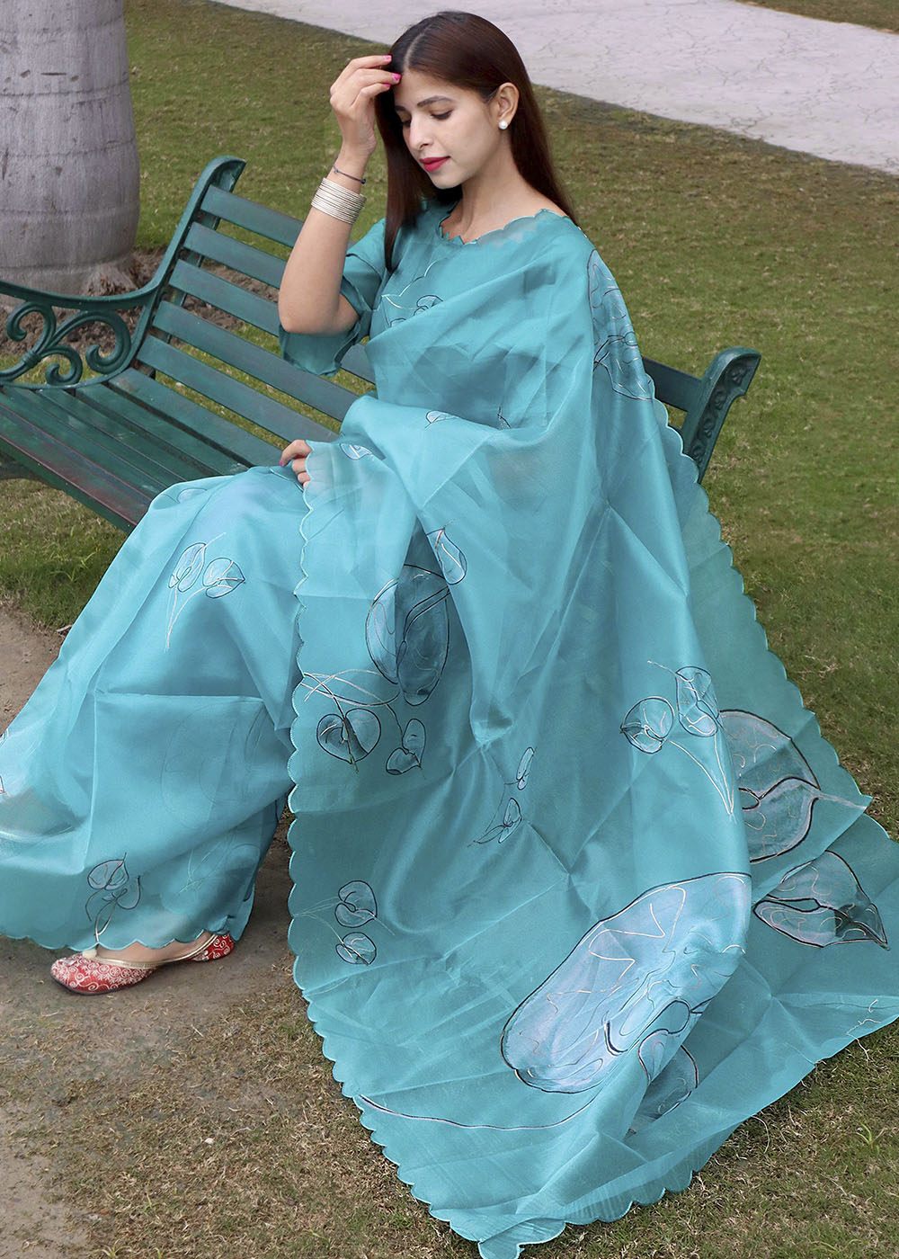 Turquoise Blue Digital Floral Print Organza Saree