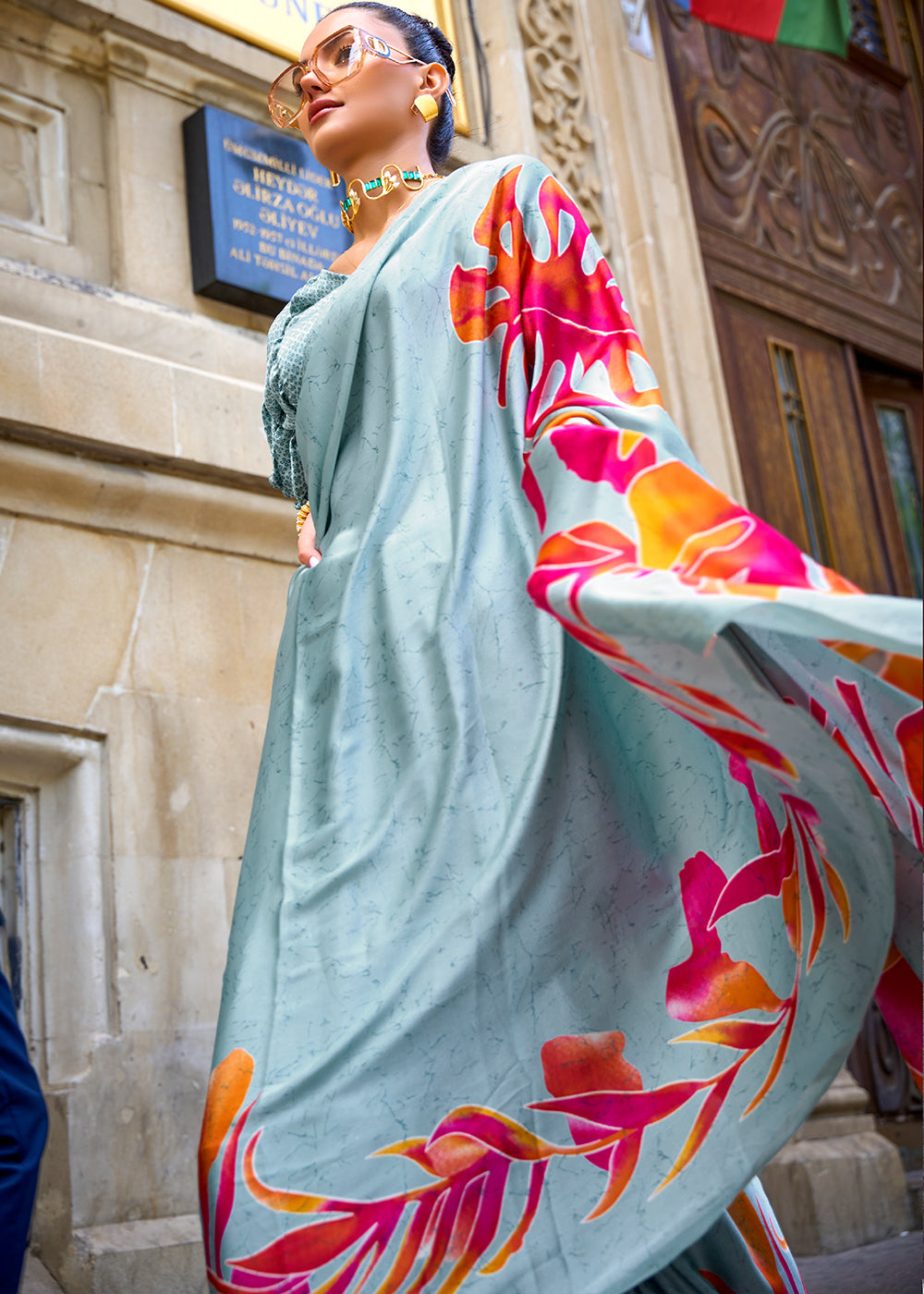 Nepal Blue Printed Satin Crepe Sarees