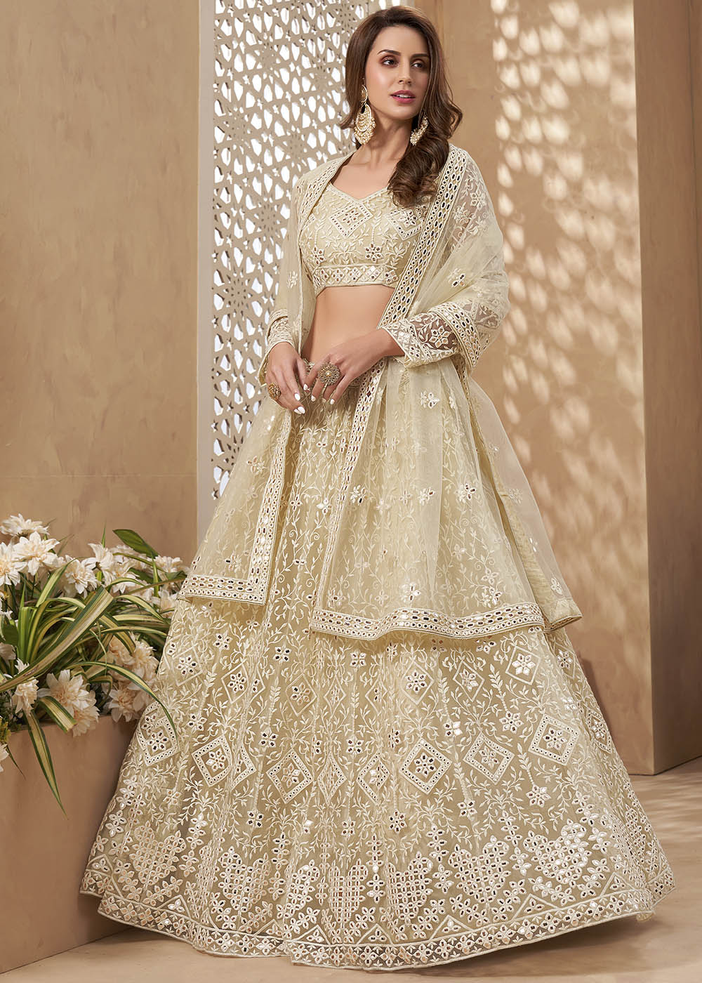 Pavlova Light Yellow Designer Net Lehenga with Multi Thread Embroidery Work