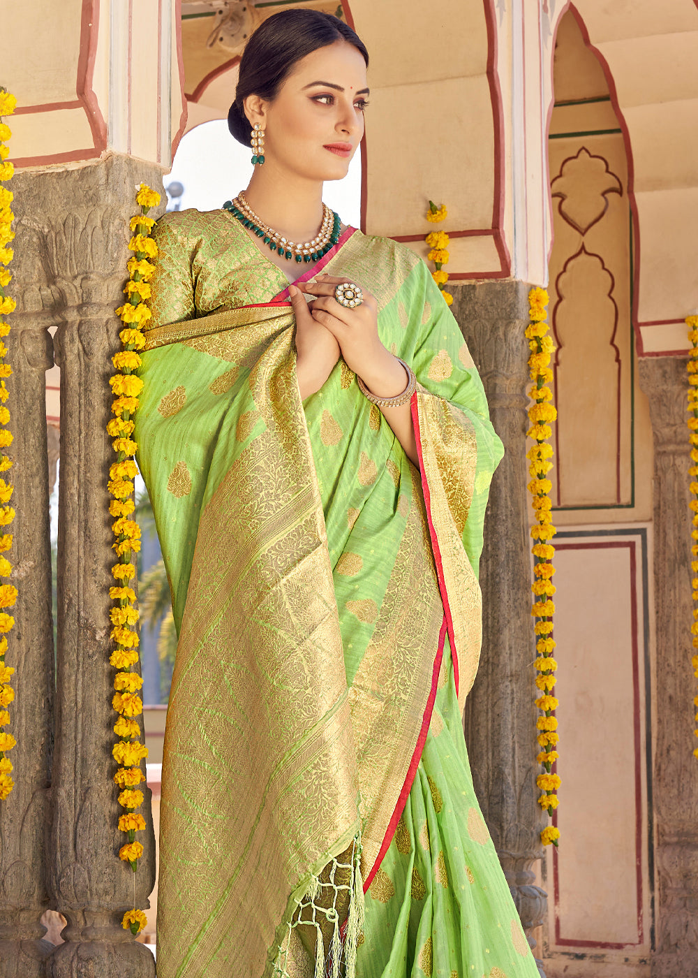 Primrose Green Zari Woven Banarasi Linen Saree