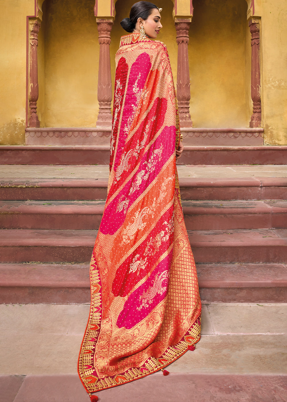 Cinnabar Orange and Red Embroidered Dola Silk Saree