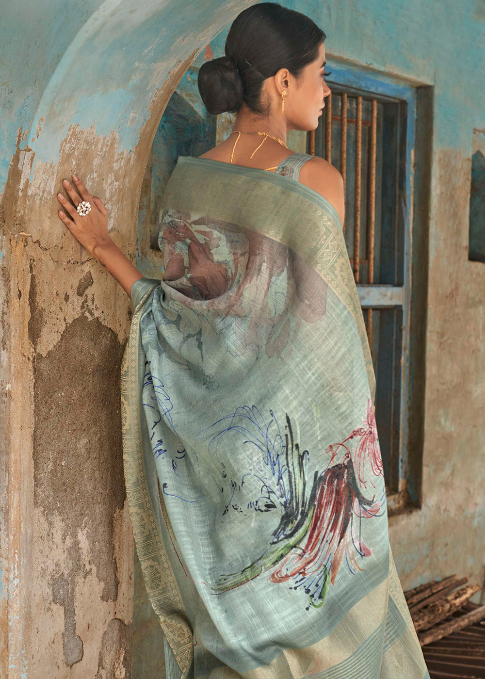 Edward Green Floral Printed Linen Silk Saree