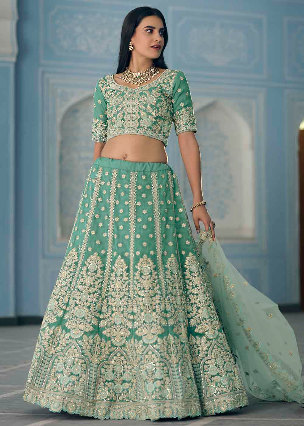 Patina Green Organza Lehenga Choli